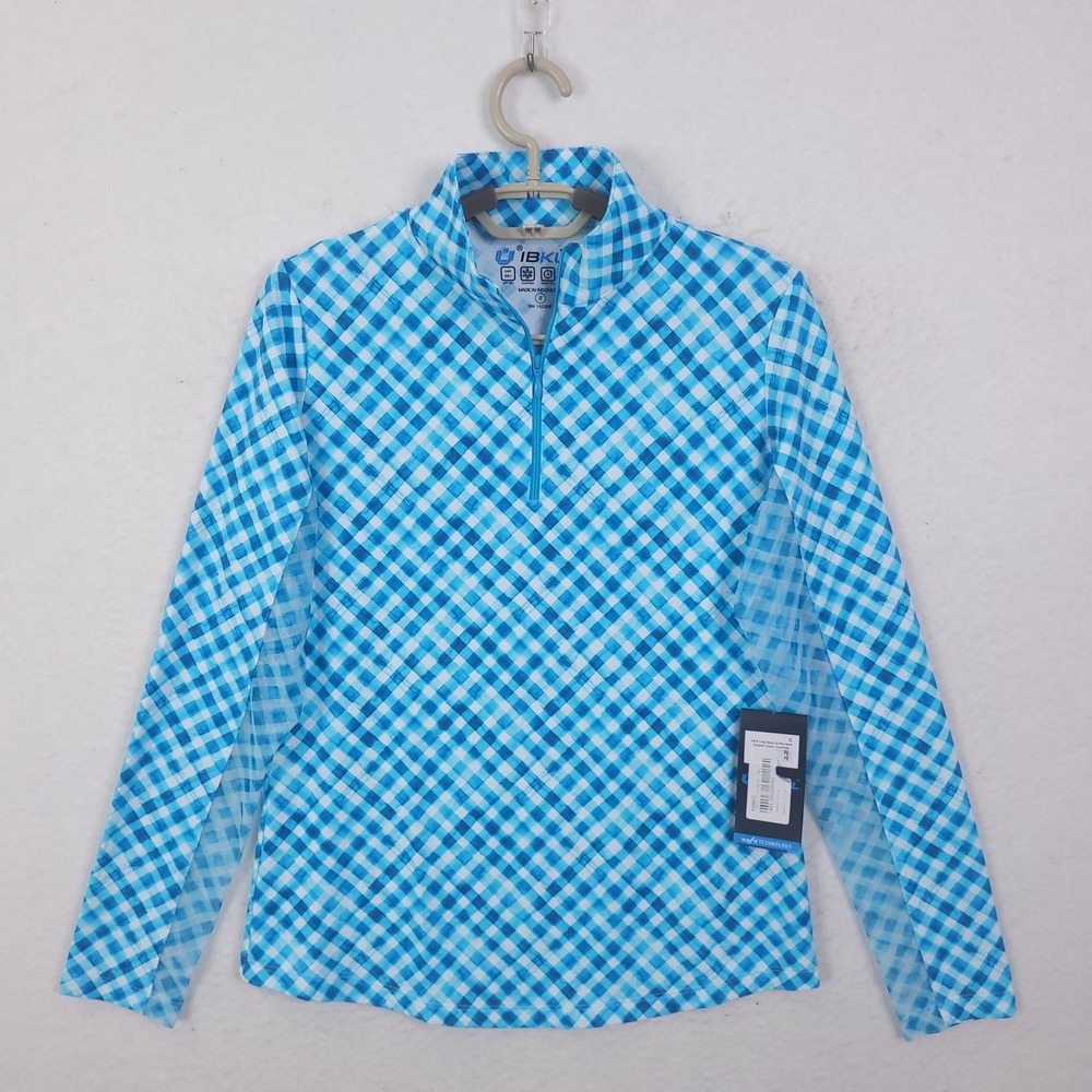 IBKUL Top Shirt Turquoise Small 1/4 Zip Mock Neck Gingham Check UPF 50 Golf